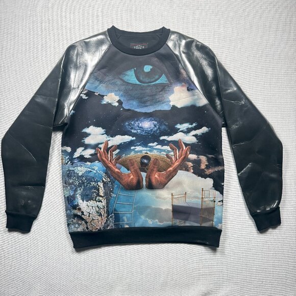 Bleecker & Mercer Sweatshirt Surreal Graphic Faux Leather Black Pullover Size XL - Picture 1 of 8